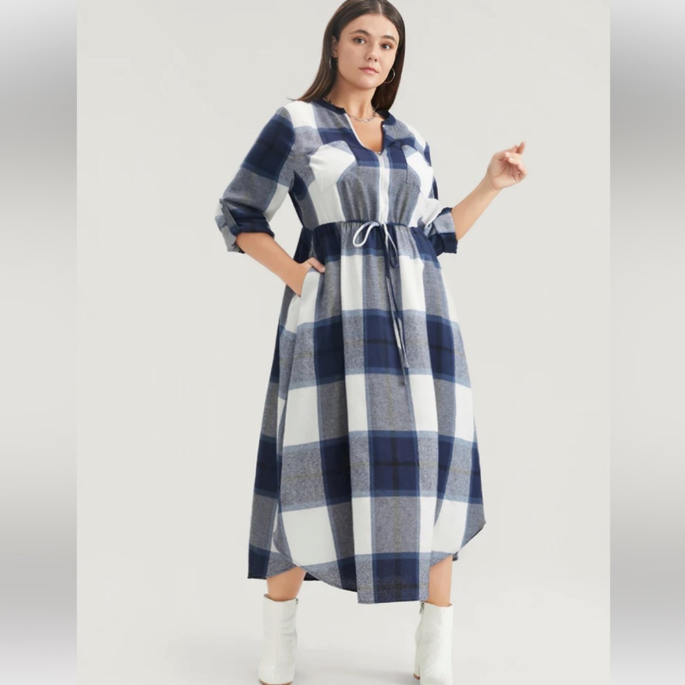 BloomChic Plaid Roll Sleeve Zippered Dress